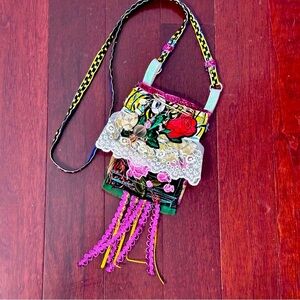 Boho Fabric purse Wallet Necklace Beaded Fringe OOAK Hand Crafted Signed